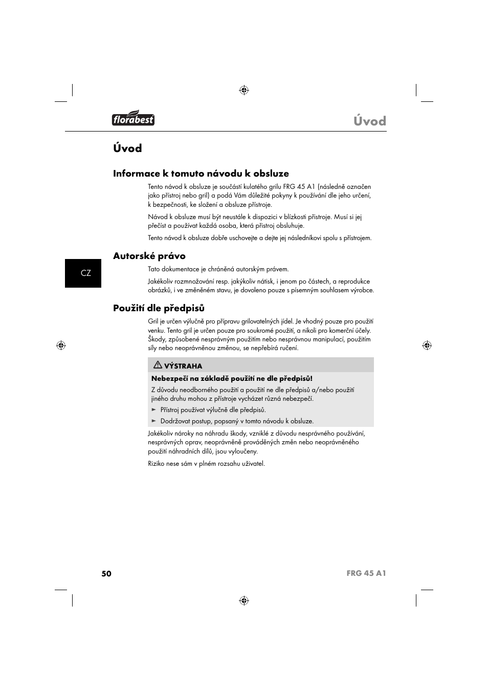 Úvod, Informace k tomuto návodu k obsluze, Autorské právo | Použití dle předpisů | Florabest FRG 45 A1 User Manual | Page 52 / 86