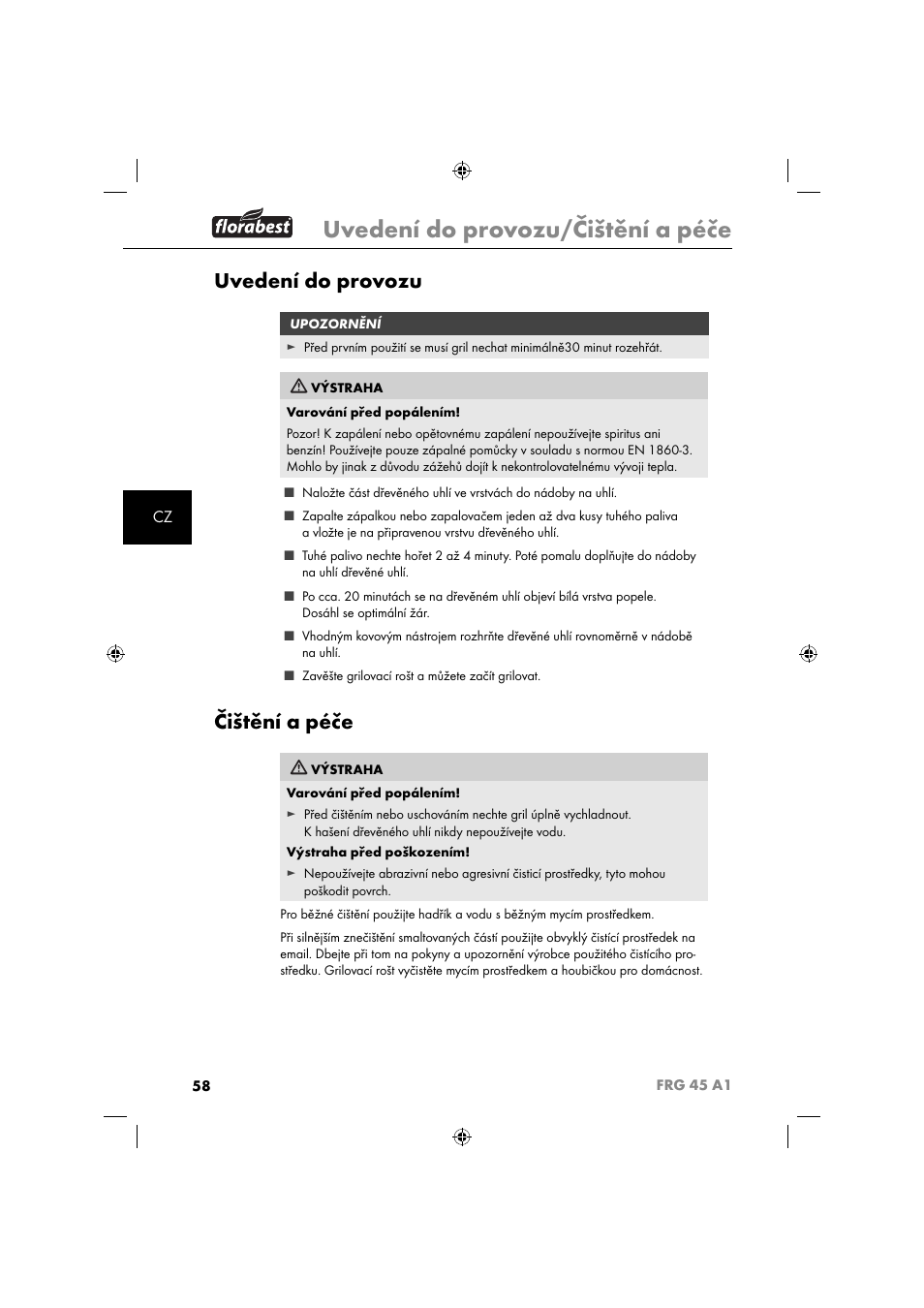 Uvedení do provozu/čištění a péče, Uvedení do provozu, Čištění a péče | Florabest FRG 45 A1 User Manual | Page 60 / 86
