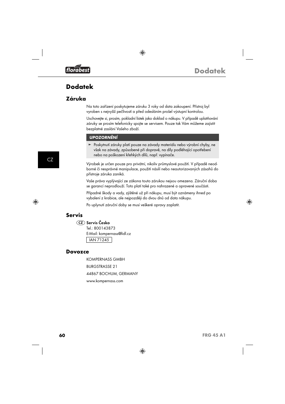 Dodatek, Záruka, Servis | Dovozce | Florabest FRG 45 A1 User Manual | Page 62 / 86