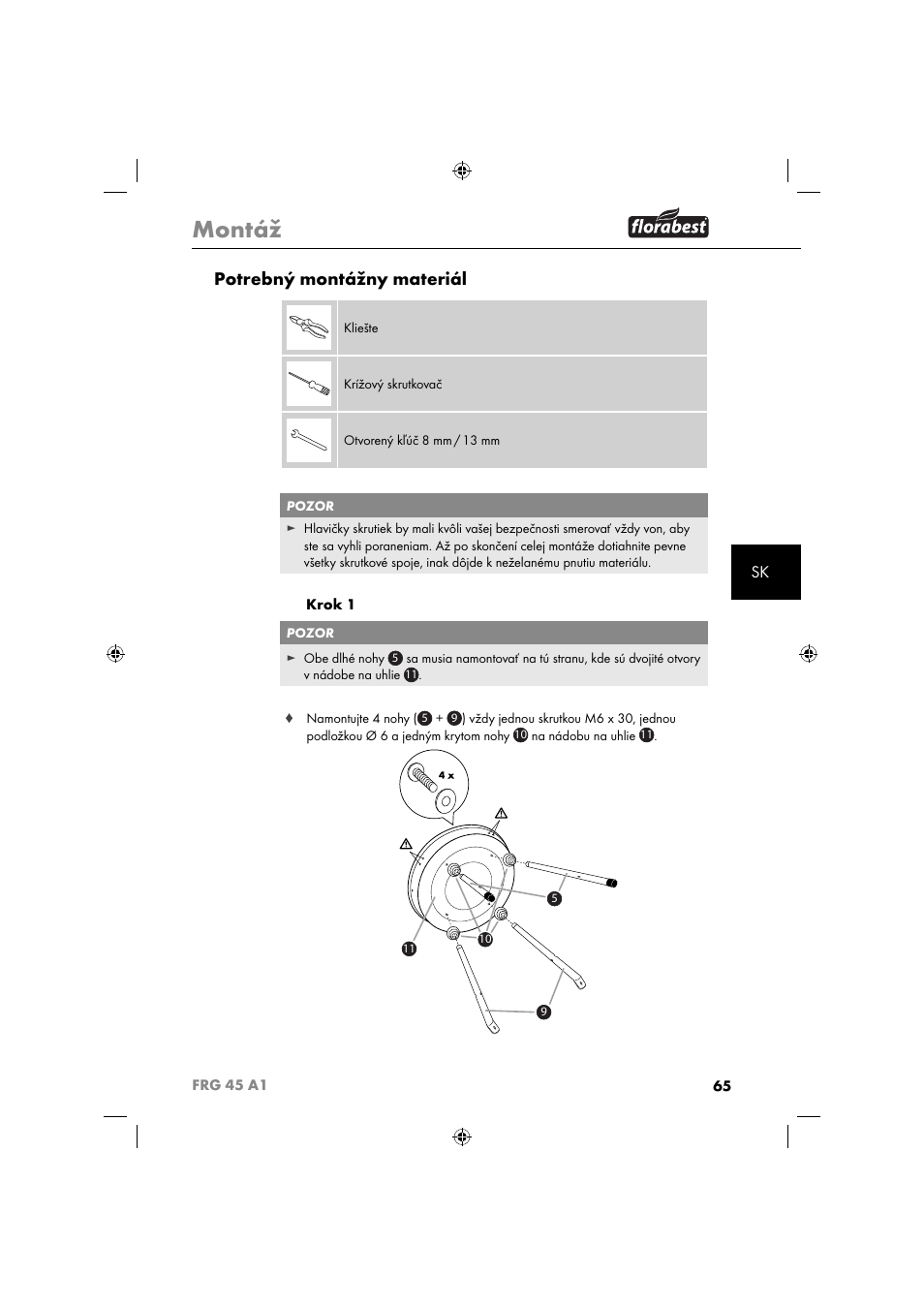 Montáž, Potrebný montážny materiál | Florabest FRG 45 A1 User Manual | Page 67 / 86
