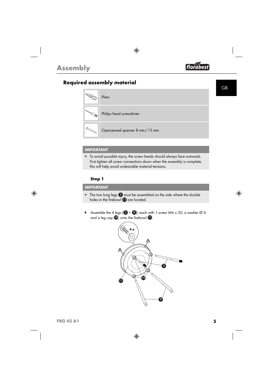 Assembly, Required assembly material | Florabest FRG 45 A1 User Manual | Page 7 / 86