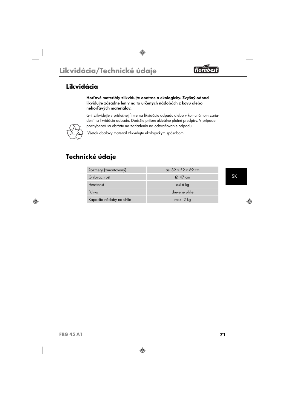 Likvidácia/technické údaje, Likvidácia, Technické údaje | Florabest FRG 45 A1 User Manual | Page 73 / 86