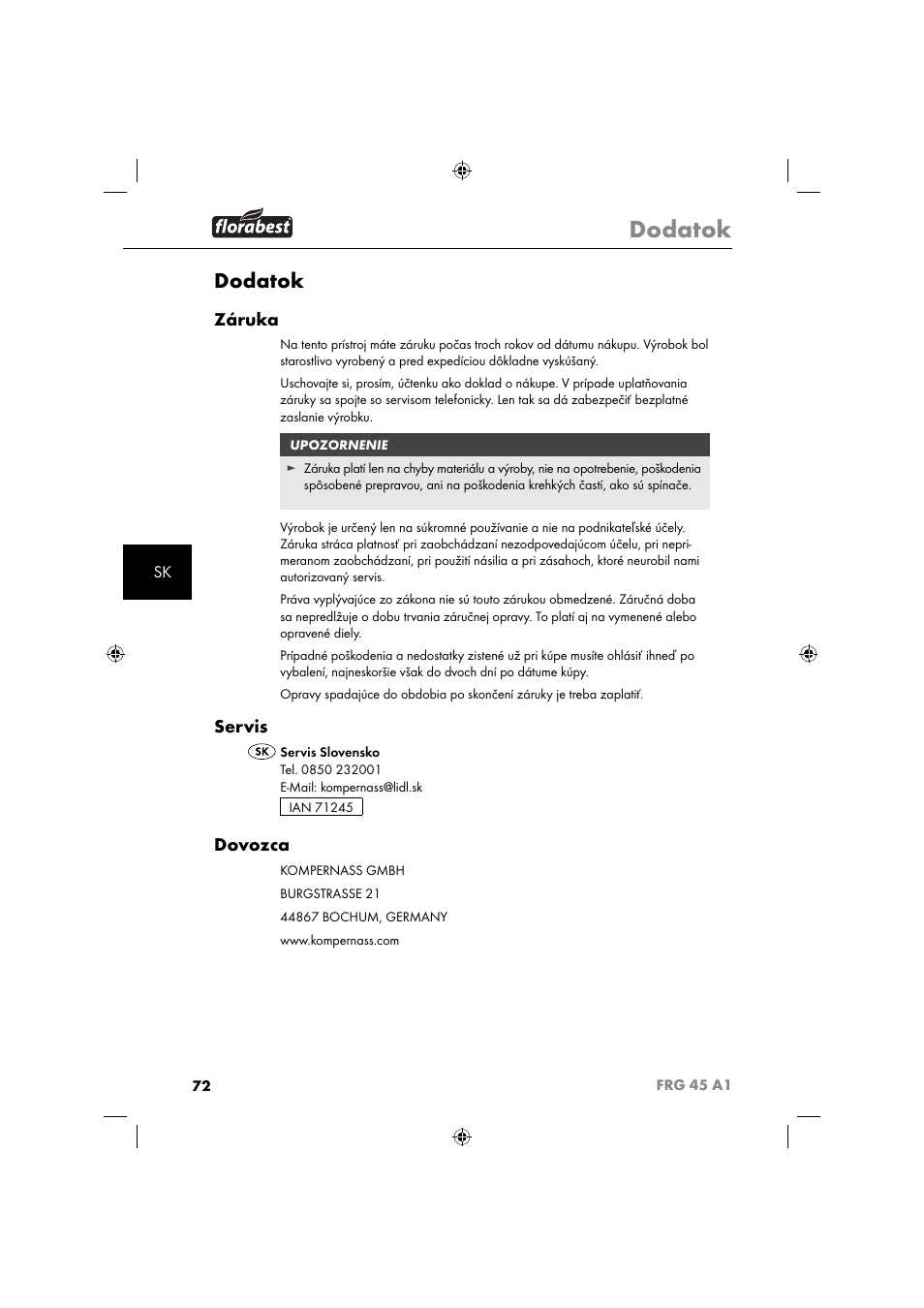 Dodatok, Záruka, Servis | Dovozca | Florabest FRG 45 A1 User Manual | Page 74 / 86