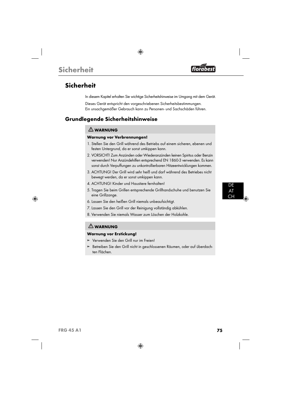 Sicherheit, Grundlegende sicherheitshinweise, De at ch | Florabest FRG 45 A1 User Manual | Page 77 / 86