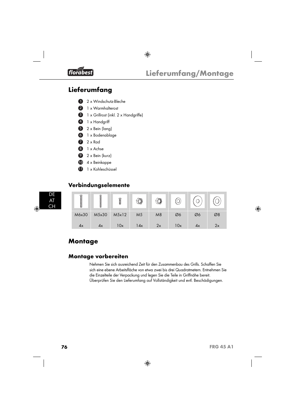 Lieferumfang/montage, Lieferumfang, Montage | Verbindungselemente, Montage vorbereiten, De at ch | Florabest FRG 45 A1 User Manual | Page 78 / 86