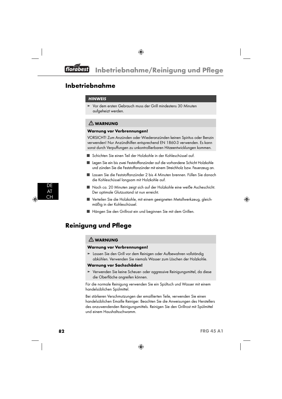 Inbetriebnahme/reinigung und pﬂ ege, Inbetriebnahme, Reinigung und pﬂ ege | De at ch | Florabest FRG 45 A1 User Manual | Page 84 / 86