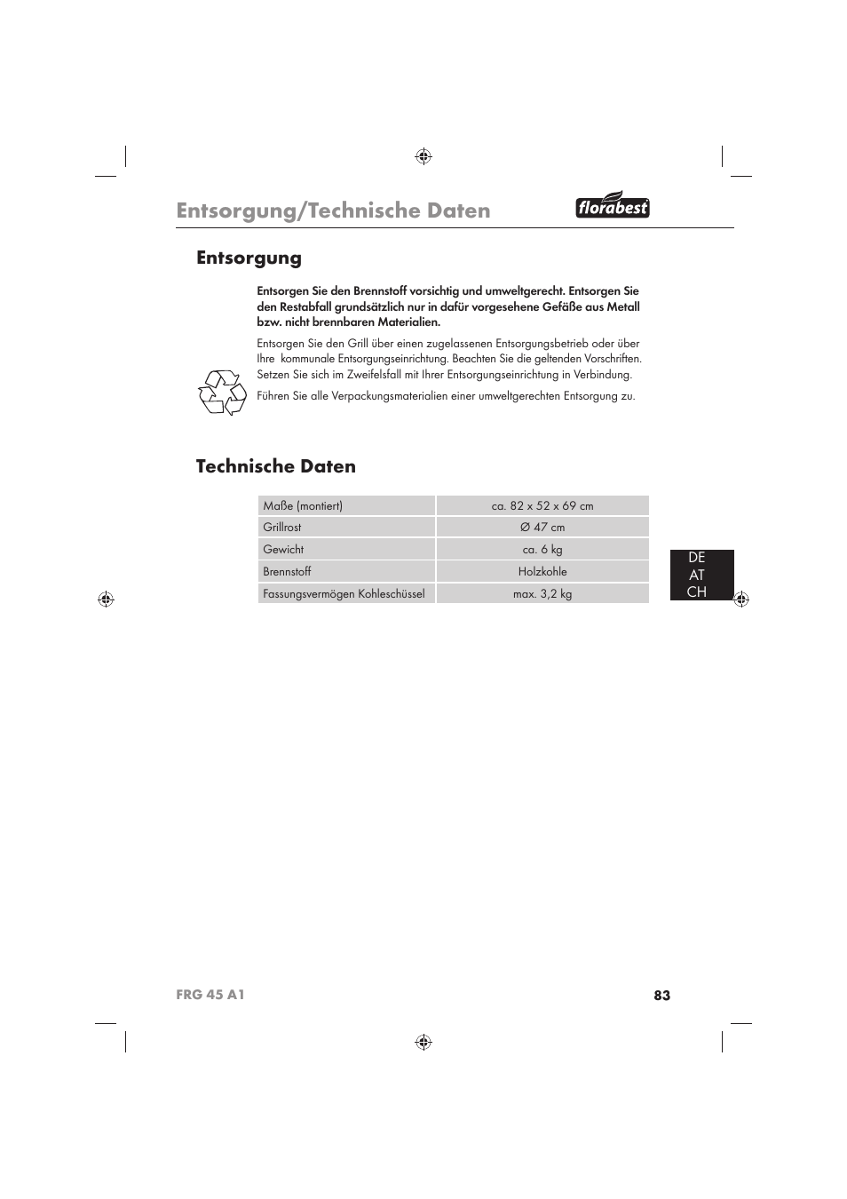 Entsorgung/technische daten, Entsorgung, Technische daten | De at ch | Florabest FRG 45 A1 User Manual | Page 85 / 86