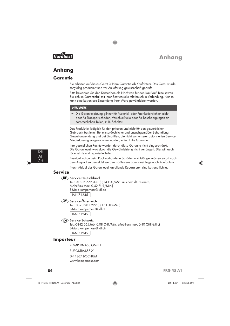 Anhang, Garantie, Service | Importeur, De at ch | Florabest FRG 45 A1 User Manual | Page 86 / 86