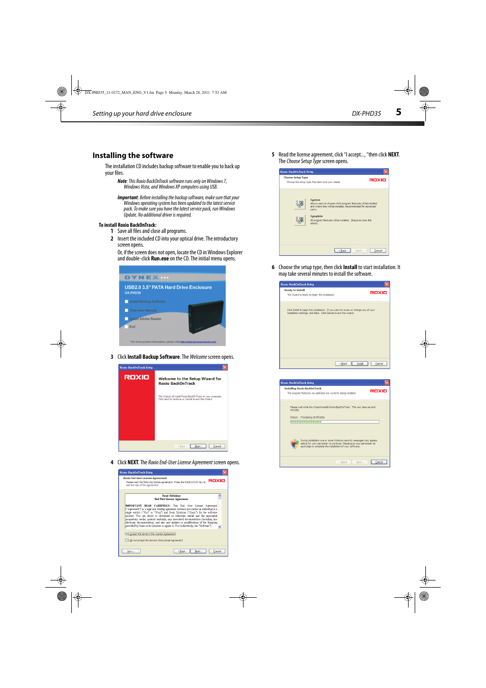Installing the software, To install roxio backontrack | Dynex DX-PHD35 User Manual | Page 5 / 12