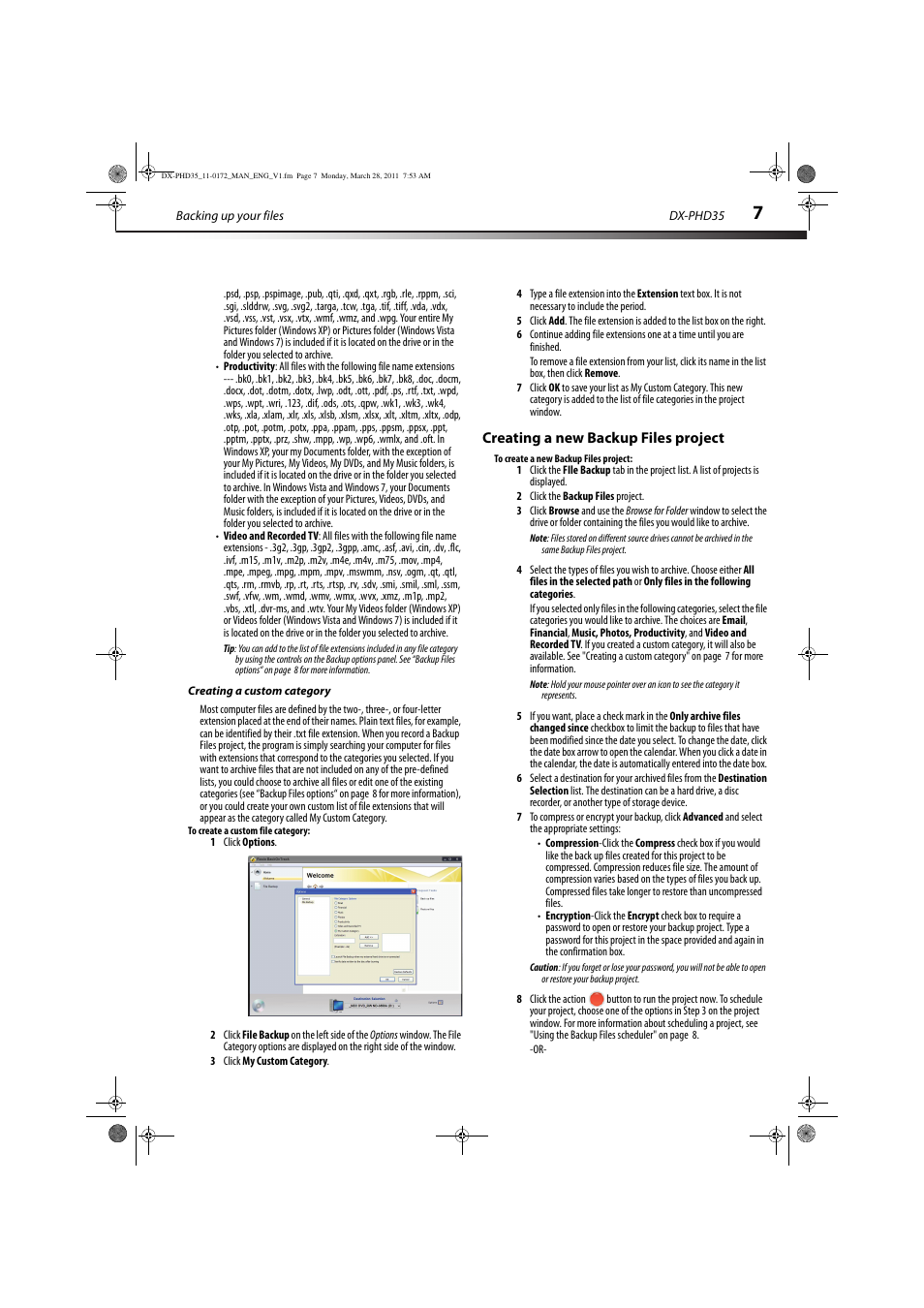 Creating a custom category, To create a custom file category, Creating a new backup files project | To create a new backup files project | Dynex DX-PHD35 User Manual | Page 7 / 12