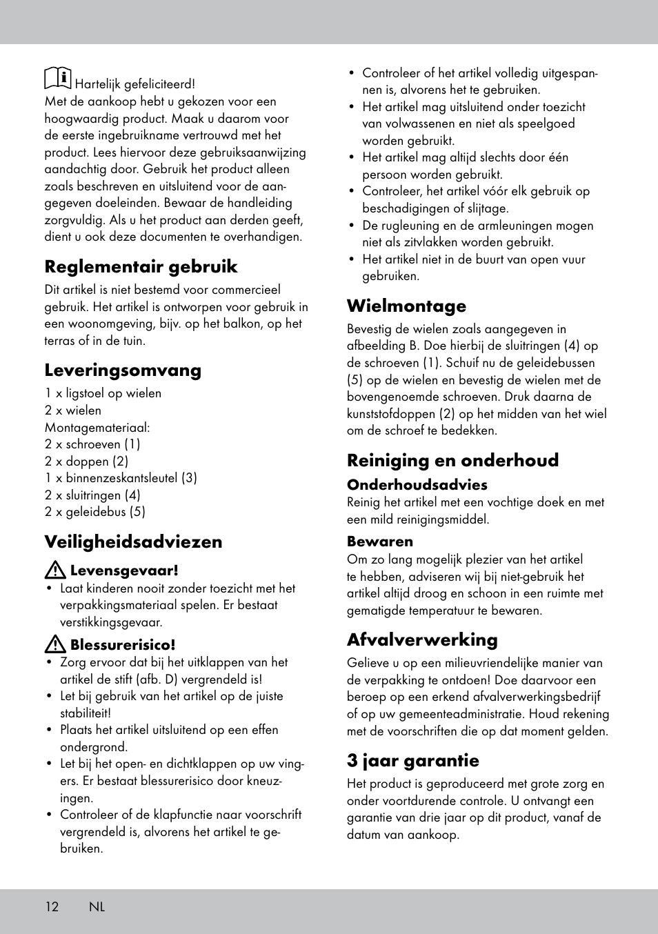 Reglementair gebruik, Leveringsomvang, Veiligheidsadviezen | Wielmontage, Reiniging en onderhoud, Afvalverwerking, 3 jaar garantie | Florabest GR-1598 User Manual | Page 12 / 16