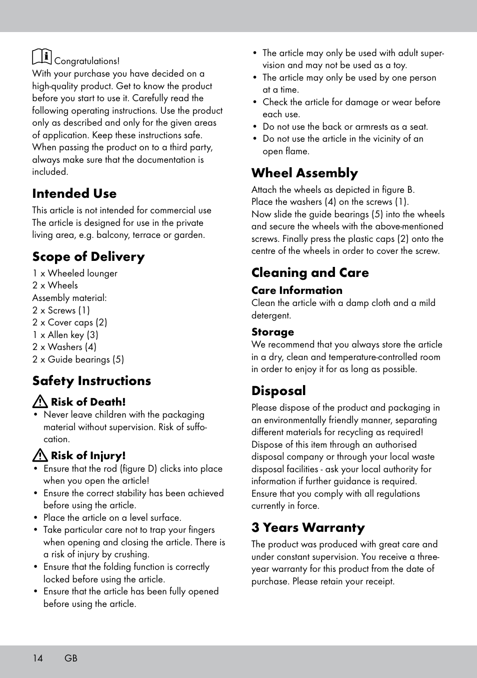 Intended use, Scope of delivery, Safety instructions | Wheel assembly, Cleaning and care, Disposal, 3 years warranty | Florabest GR-1598 User Manual | Page 14 / 16