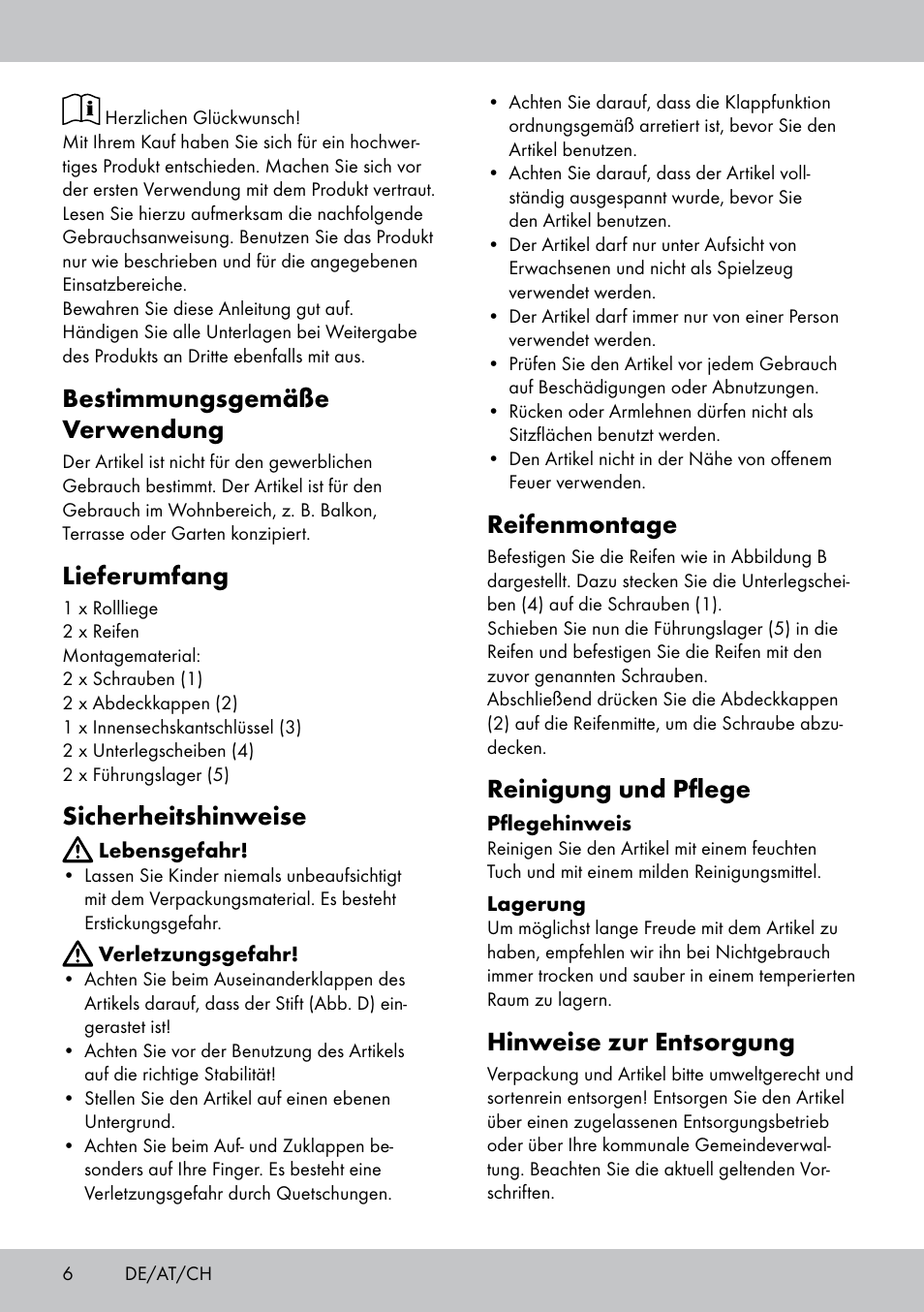 Bestimmungsgemäße verwendung, Lieferumfang, Sicherheitshinweise | Reifenmontage, Reinigung und pflege, Hinweise zur entsorgung | Florabest GR-1598 User Manual | Page 6 / 16