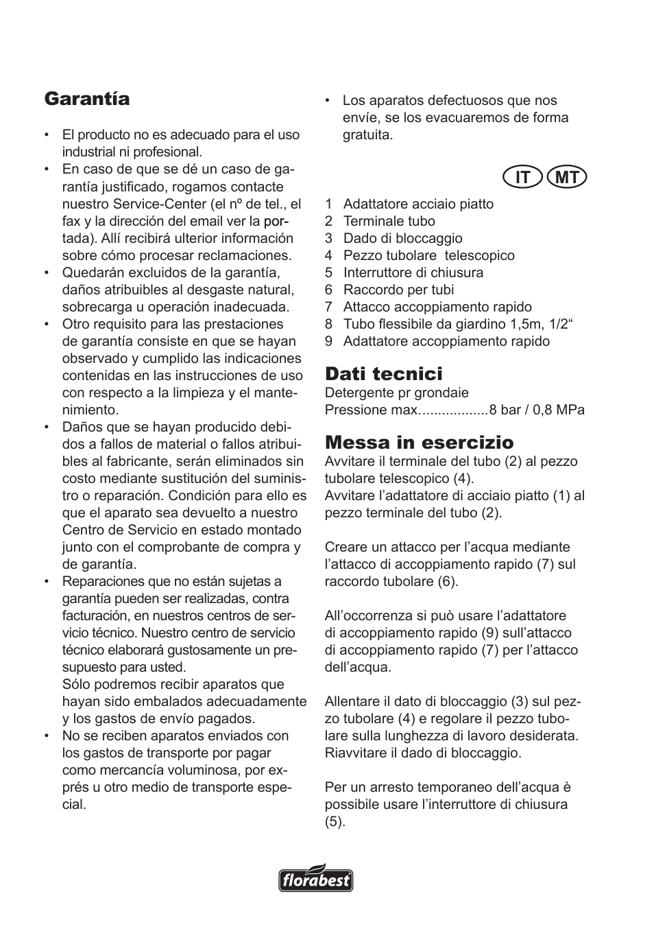 Garantía, Dati tecnici, Messa in esercizio | It mt | Florabest Roof Gutter Cleaner User Manual | Page 2 / 8