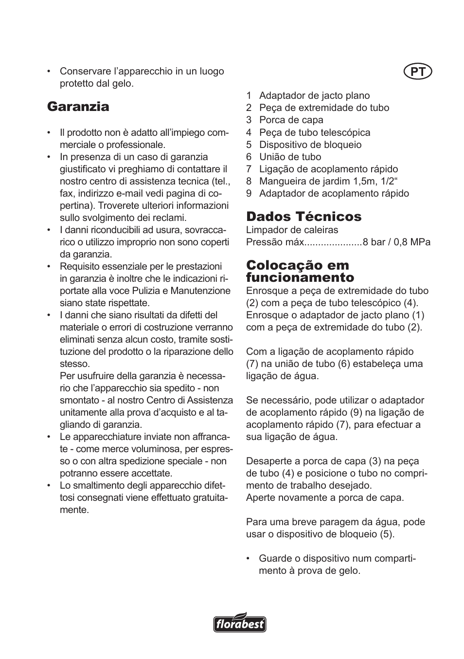 Garanzia, Dados técnicos, Colocação em funcionamento | Florabest Roof Gutter Cleaner User Manual | Page 3 / 8