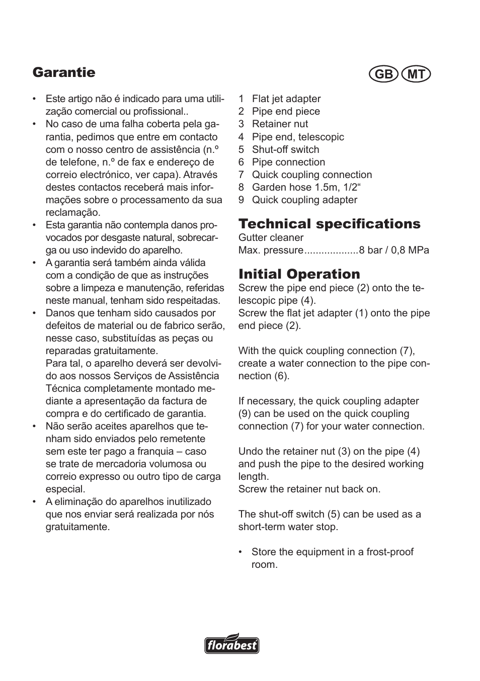 Garantie, Technical specifications, Initial operation | Gb mt | Florabest Roof Gutter Cleaner User Manual | Page 4 / 8