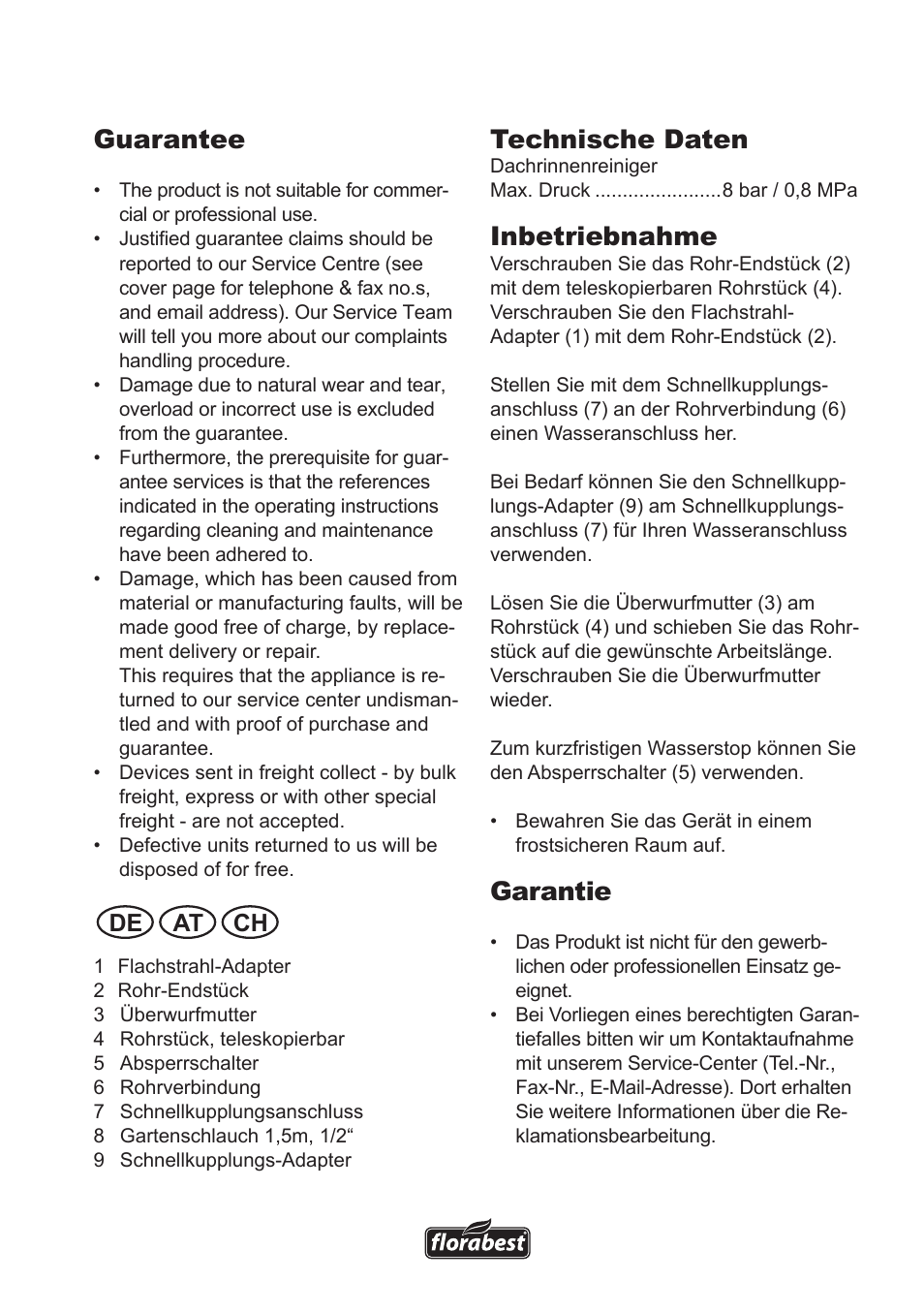 Guarantee, Technische daten, Inbetriebnahme | Garantie, De at ch | Florabest Roof Gutter Cleaner User Manual | Page 5 / 8
