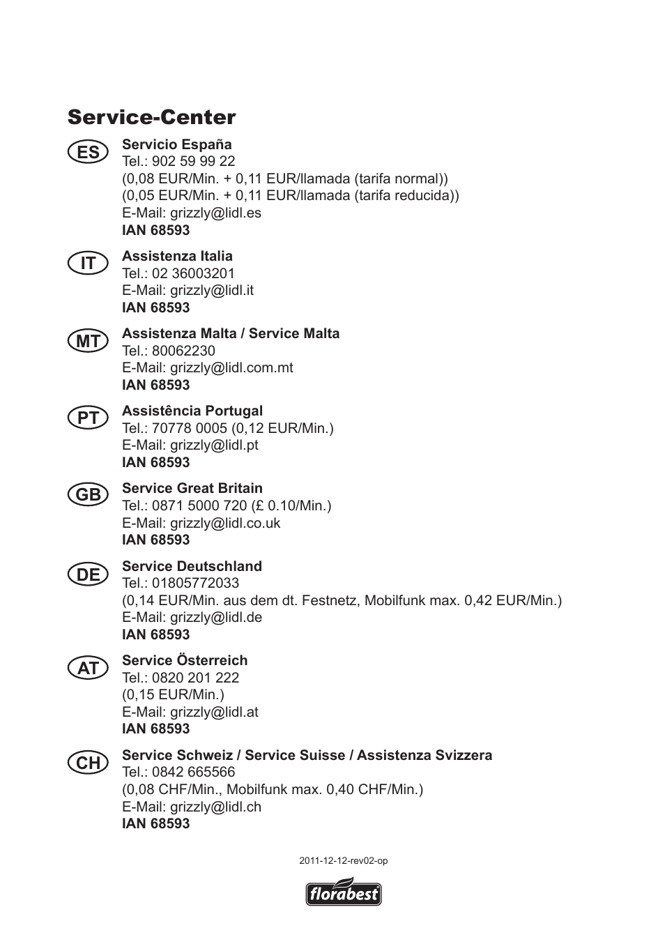 Service-center, Es it mt pt gb de at ch | Florabest Roof Gutter Cleaner User Manual | Page 7 / 8