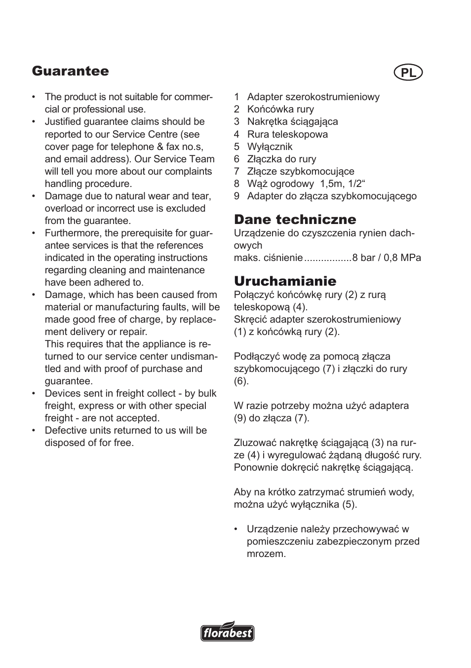 Guarantee, Dane techniczne, Uruchamianie | Florabest Roof Gutter Cleaner User Manual | Page 2 / 12