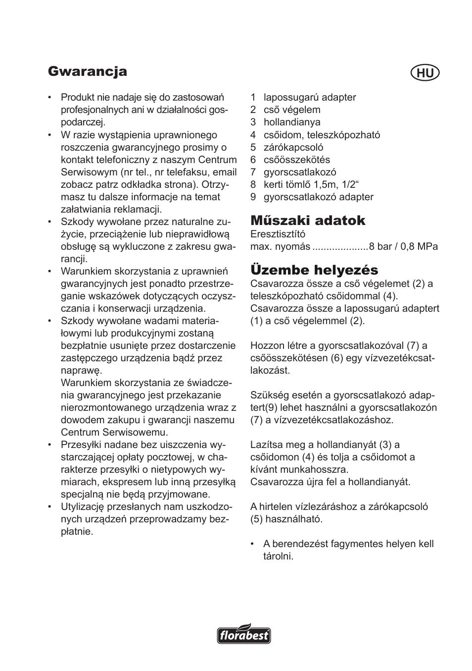 Gwarancja, Műszaki adatok, Üzembe helyezés | Florabest Roof Gutter Cleaner User Manual | Page 3 / 12