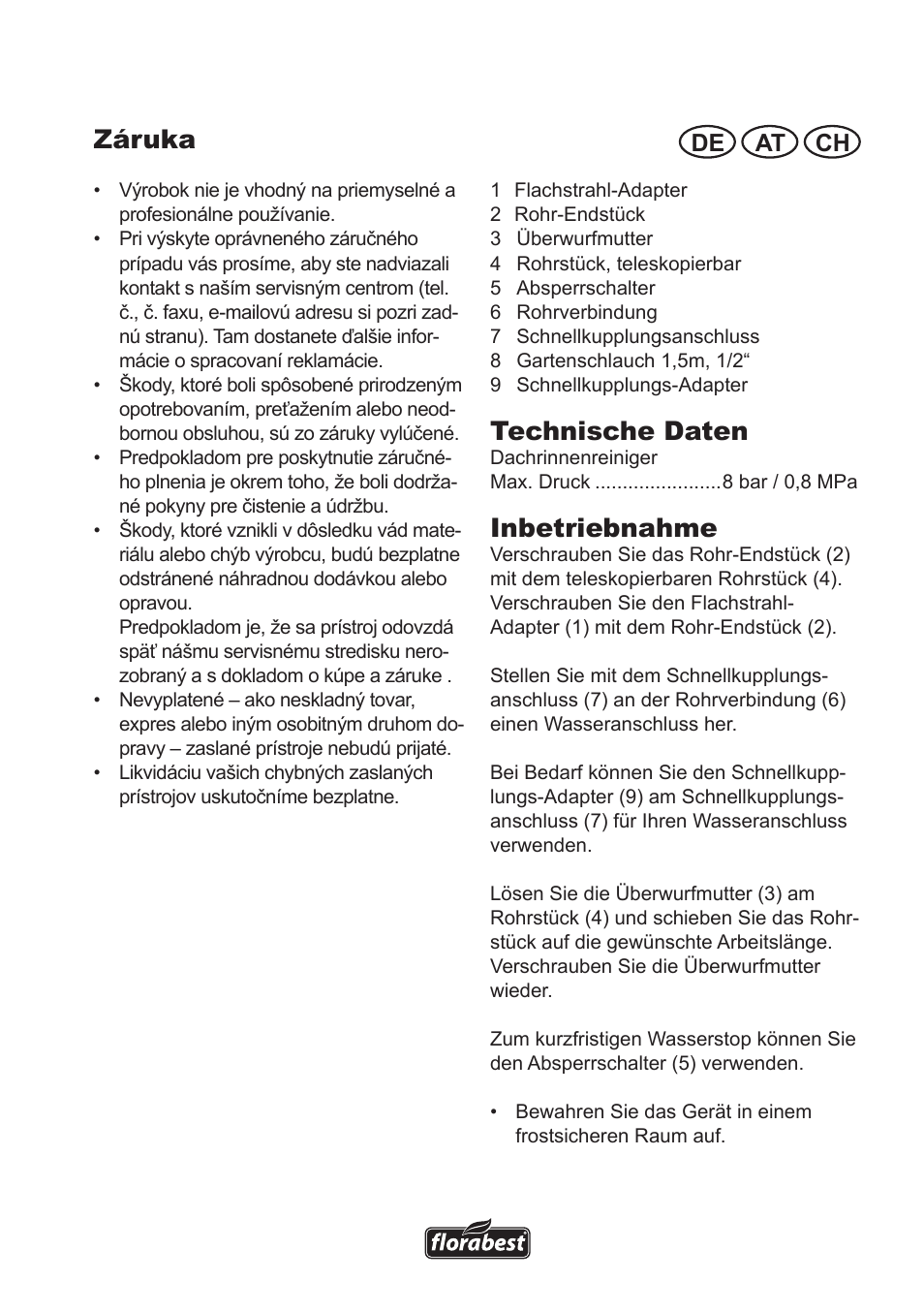 Záruka, Technische daten, Inbetriebnahme | De at ch | Florabest Roof Gutter Cleaner User Manual | Page 7 / 12