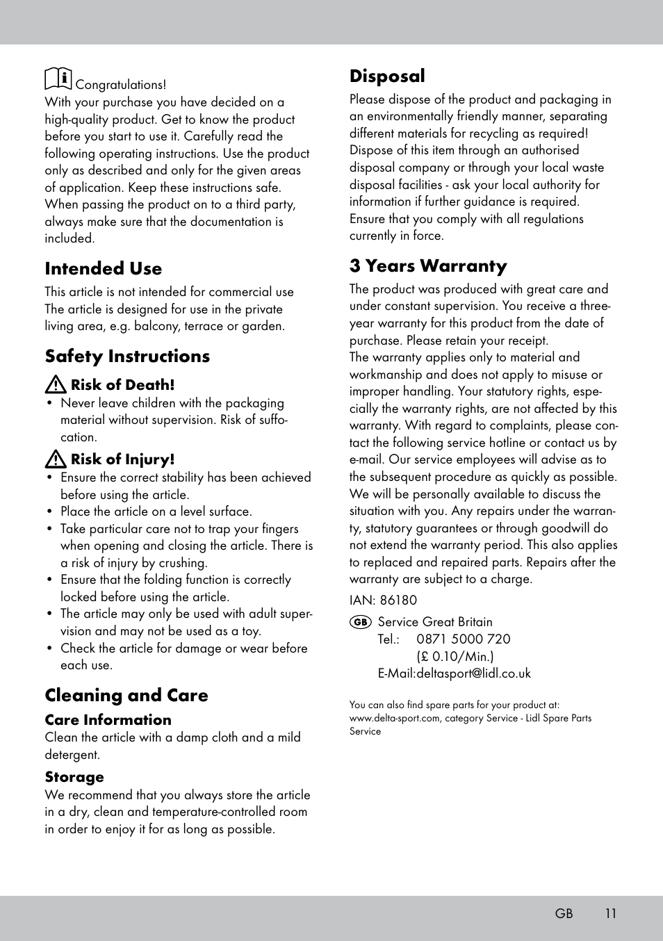 Intended use, Safety instructions, Cleaning and care | Disposal, 3 years warranty | Florabest AT-1590 User Manual | Page 11 / 12
