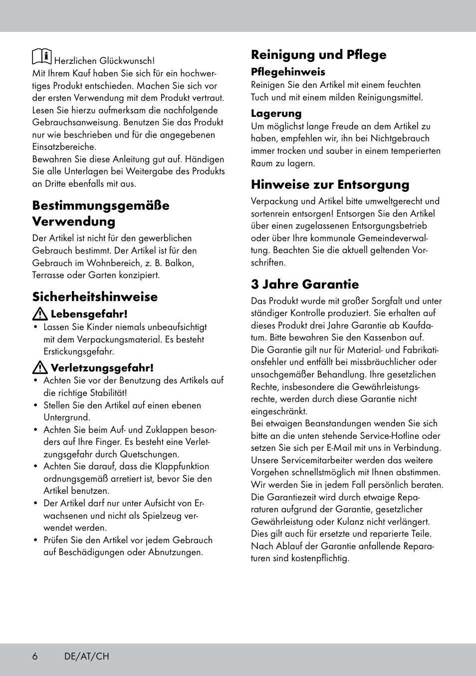 Bestimmungsgemäße verwendung, Sicherheitshinweise, Reinigung und pflege | Hinweise zur entsorgung, 3 jahre garantie | Florabest AT-1590 User Manual | Page 6 / 12