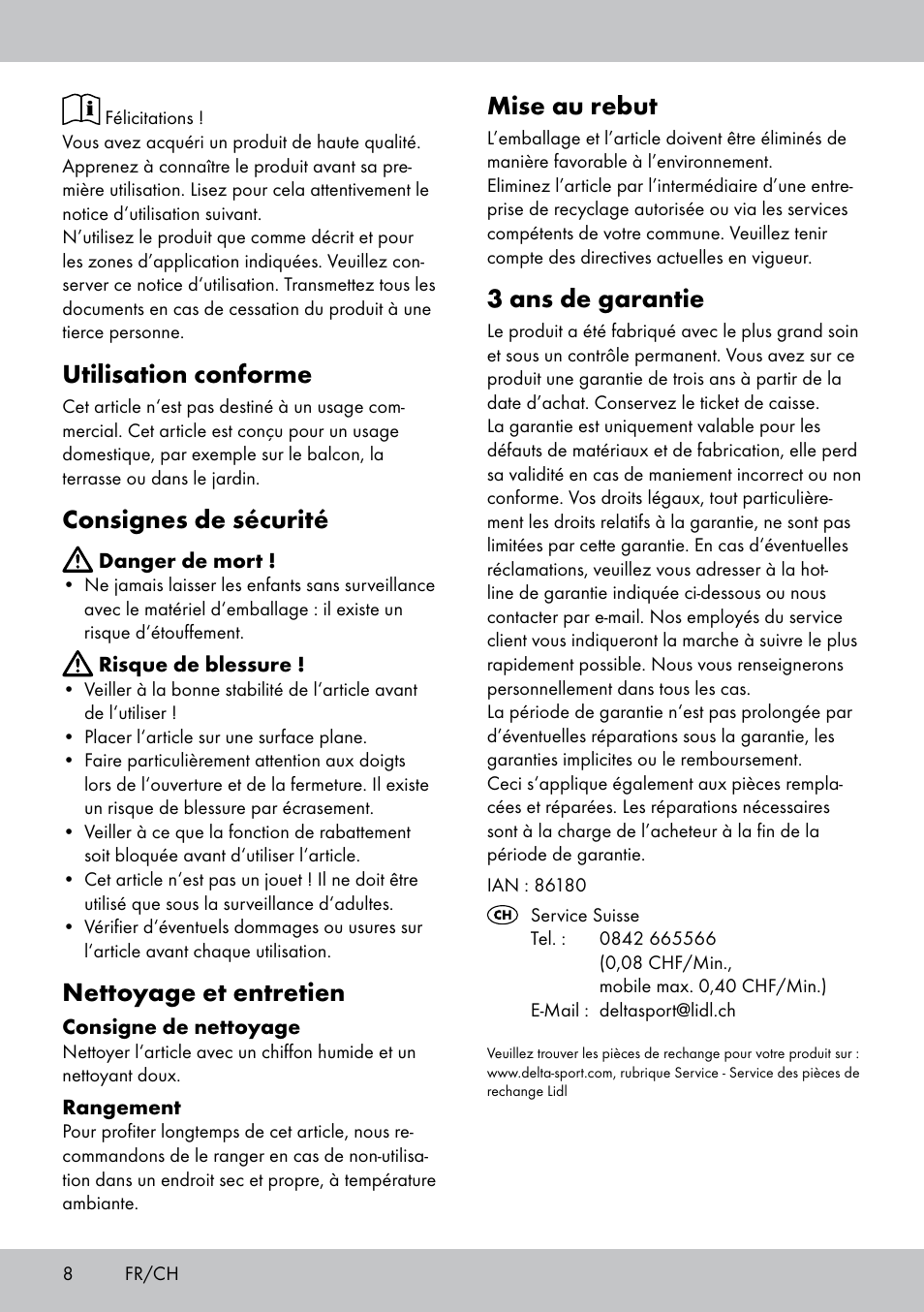 Utilisation conforme, Consignes de sécurité, Nettoyage et entretien | Mise au rebut, 3 ans de garantie | Florabest AT-1590 User Manual | Page 8 / 12