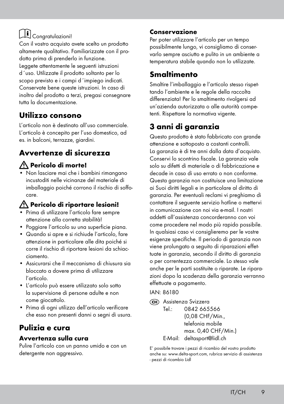 Utilizzo consono, Avvertenze di sicurezza, Pulizia e cura | Smaltimento, 3 anni di garanzia | Florabest AT-1590 User Manual | Page 9 / 12