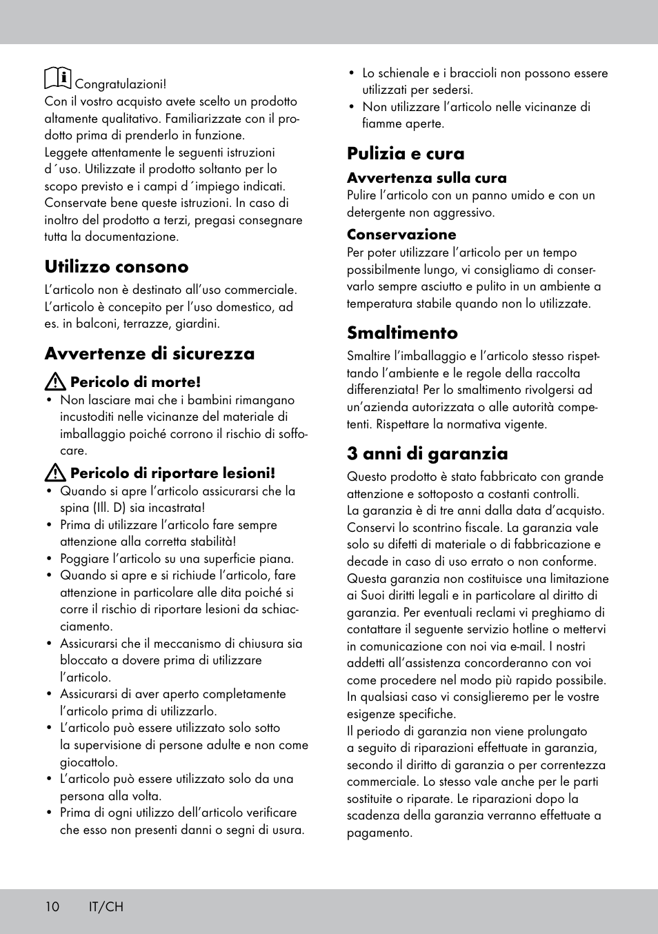 Utilizzo consono, Avvertenze di sicurezza, Pulizia e cura | Smaltimento, 3 anni di garanzia | Florabest GK-1600 User Manual | Page 10 / 16