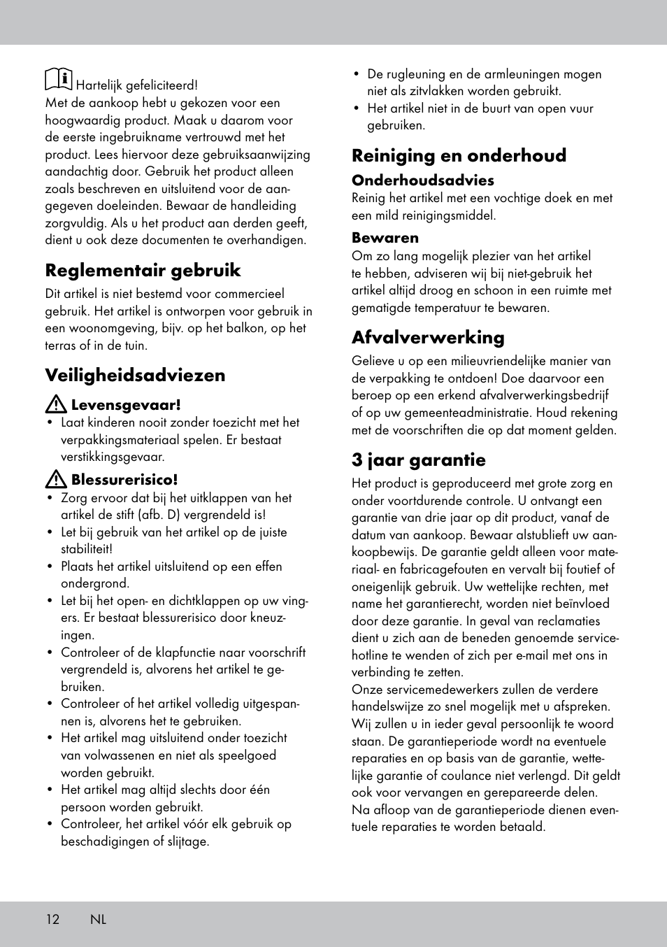 Reglementair gebruik, Veiligheidsadviezen, Reiniging en onderhoud | Afvalverwerking, 3 jaar garantie | Florabest GK-1600 User Manual | Page 12 / 16