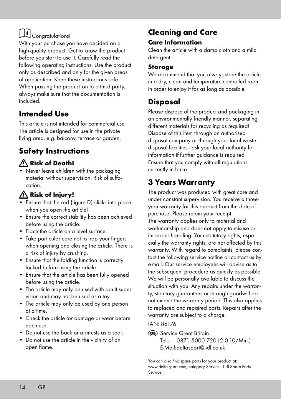 Intended use, Safety instructions, Cleaning and care | Disposal, 3 years warranty | Florabest GK-1600 User Manual | Page 14 / 16