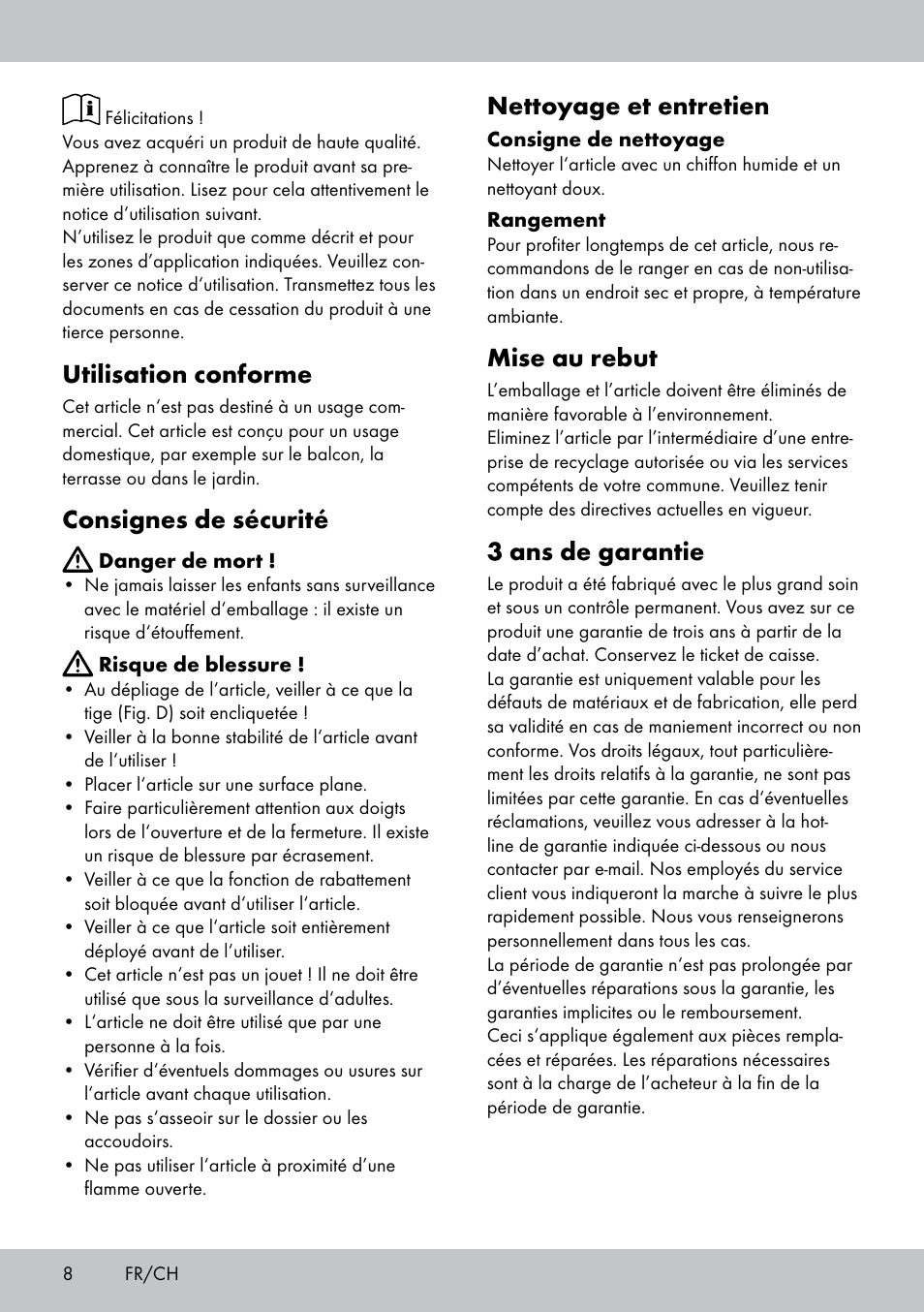 Utilisation conforme, Consignes de sécurité, Nettoyage et entretien | Mise au rebut, 3 ans de garantie | Florabest GK-1600 User Manual | Page 8 / 16