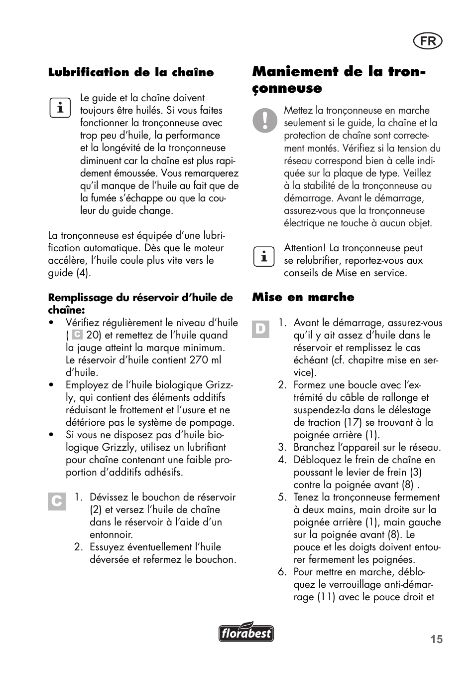 Maniement de la tron- çonneuse | Florabest FKS 2200 B1 User Manual | Page 15 / 76
