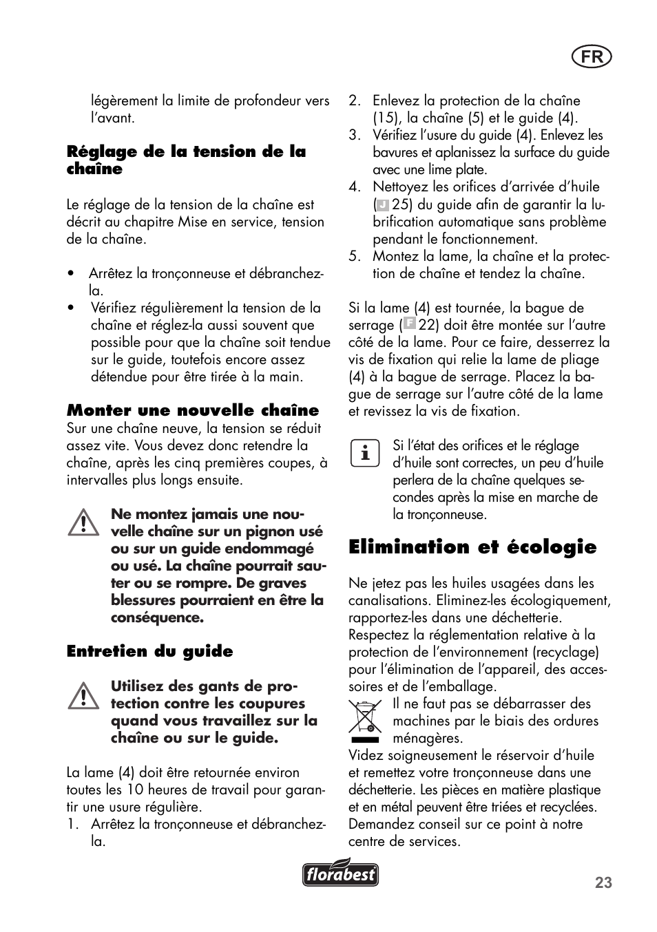 Elimination et écologie | Florabest FKS 2200 B1 User Manual | Page 23 / 76