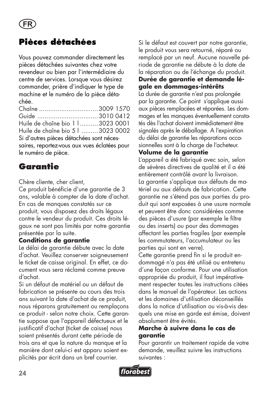Pièces détachées, Garantie | Florabest FKS 2200 B1 User Manual | Page 24 / 76
