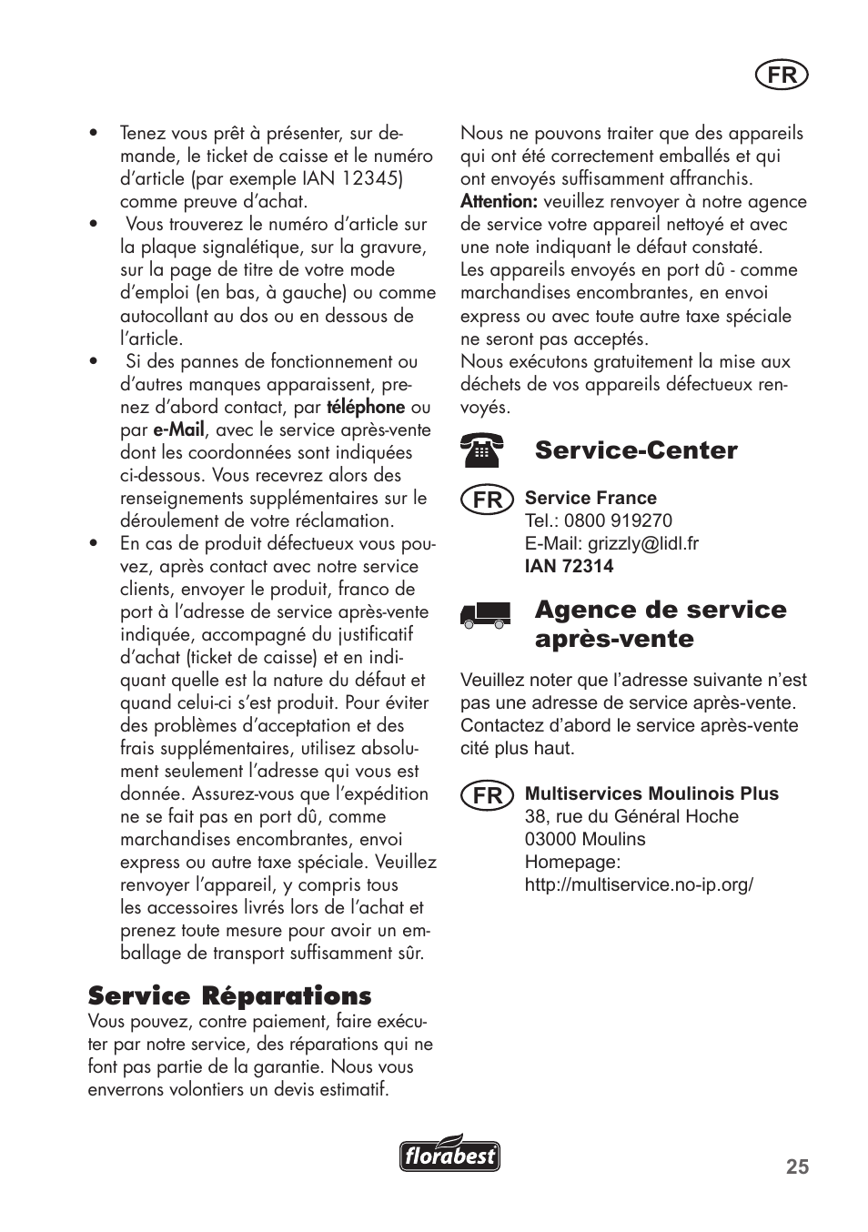 Service réparations, Service-center, Agence de service après-vente | Florabest FKS 2200 B1 User Manual | Page 25 / 76