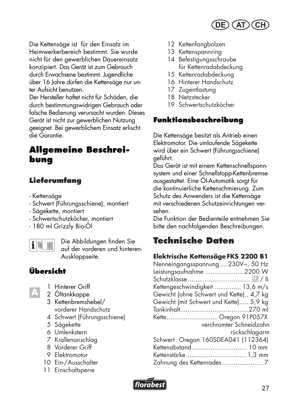 Allgemeine beschrei- bung, Technische daten, At ch de | Florabest FKS 2200 B1 User Manual | Page 27 / 76