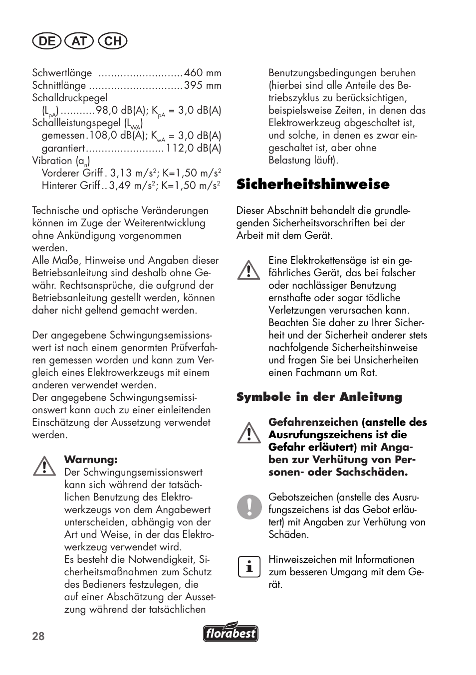 Sicherheitshinweise, De at ch | Florabest FKS 2200 B1 User Manual | Page 28 / 76