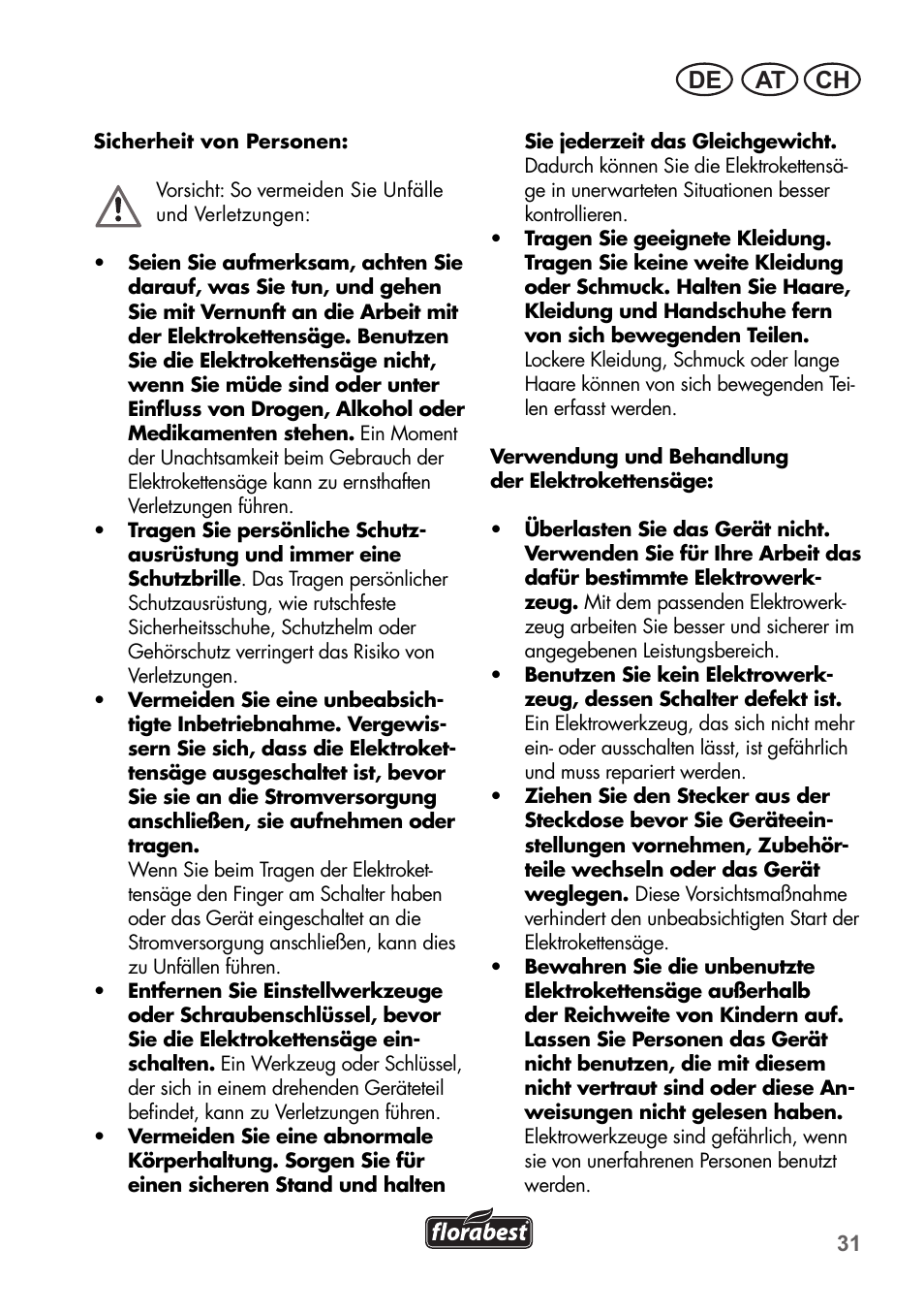 At ch de | Florabest FKS 2200 B1 User Manual | Page 31 / 76