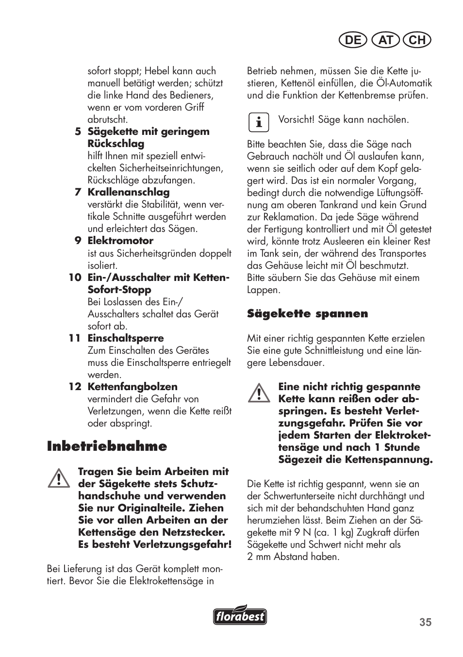 Inbetriebnahme, At ch de | Florabest FKS 2200 B1 User Manual | Page 35 / 76