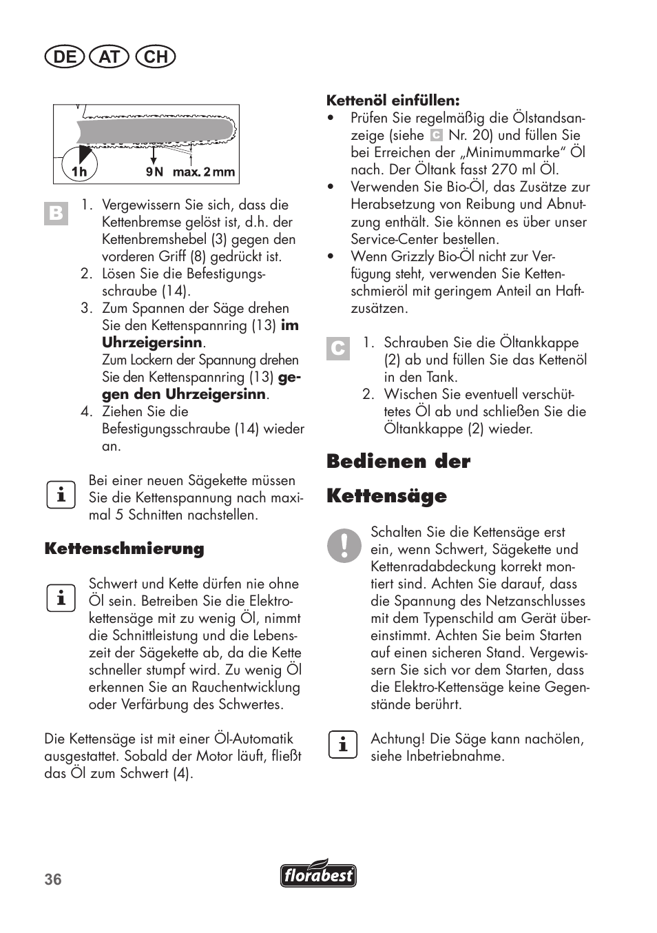 Bedienen der kettensäge, De at ch | Florabest FKS 2200 B1 User Manual | Page 36 / 76