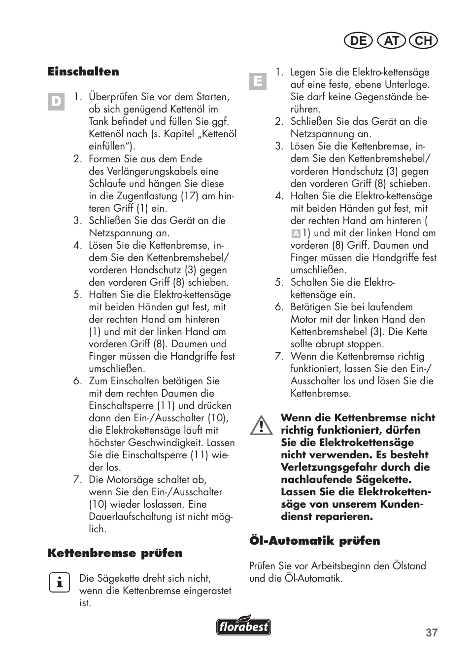 At ch de | Florabest FKS 2200 B1 User Manual | Page 37 / 76