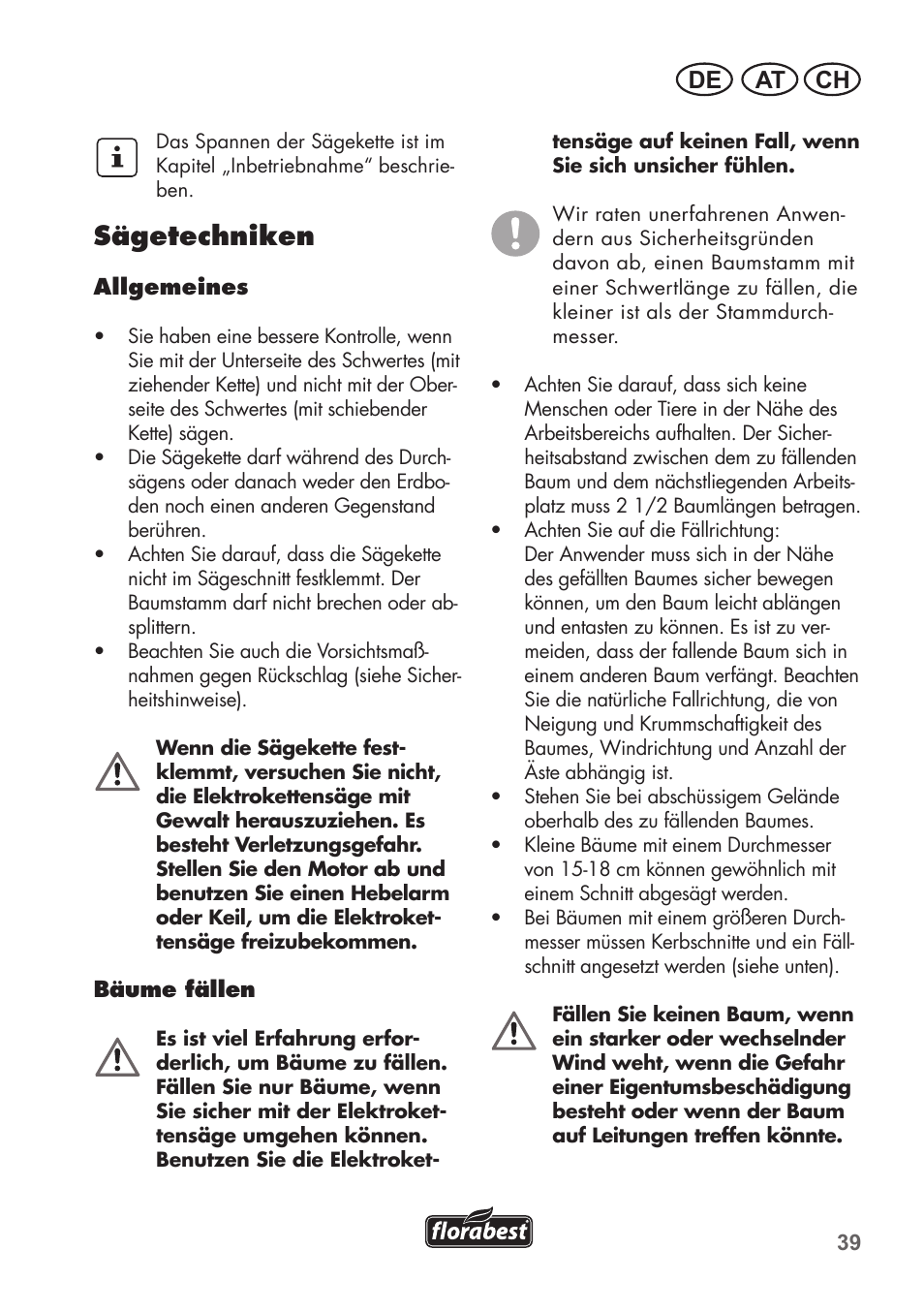 Sägetechniken, At ch de | Florabest FKS 2200 B1 User Manual | Page 39 / 76