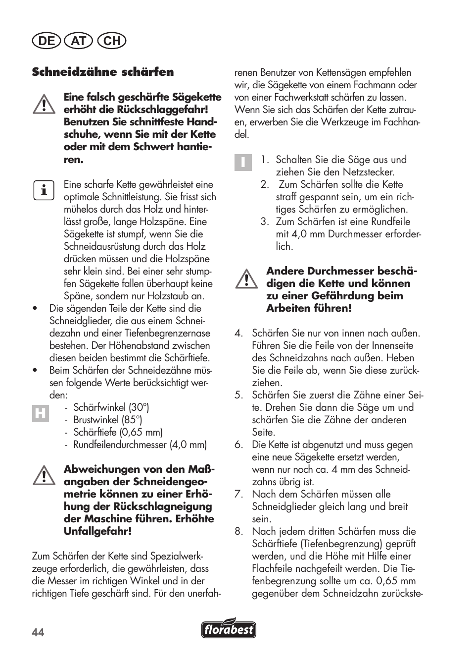 De at ch | Florabest FKS 2200 B1 User Manual | Page 44 / 76