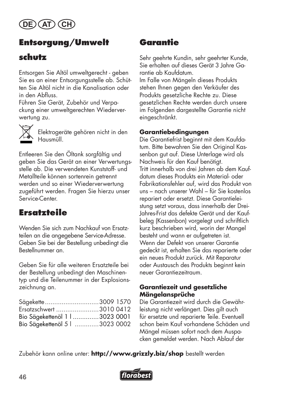 Entsorgung/umwelt schutz, Ersatzteile, Garantie | De at ch | Florabest FKS 2200 B1 User Manual | Page 46 / 76