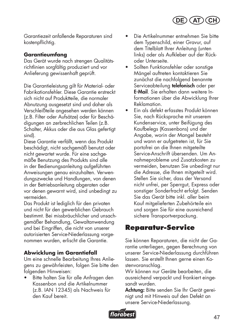 Reparatur-service, At ch de | Florabest FKS 2200 B1 User Manual | Page 47 / 76