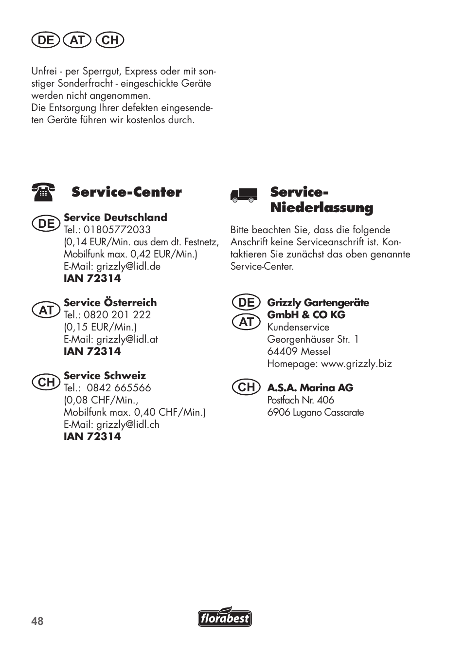 Service-center, Service- niederlassung, De at ch | De at at ch ch | Florabest FKS 2200 B1 User Manual | Page 48 / 76