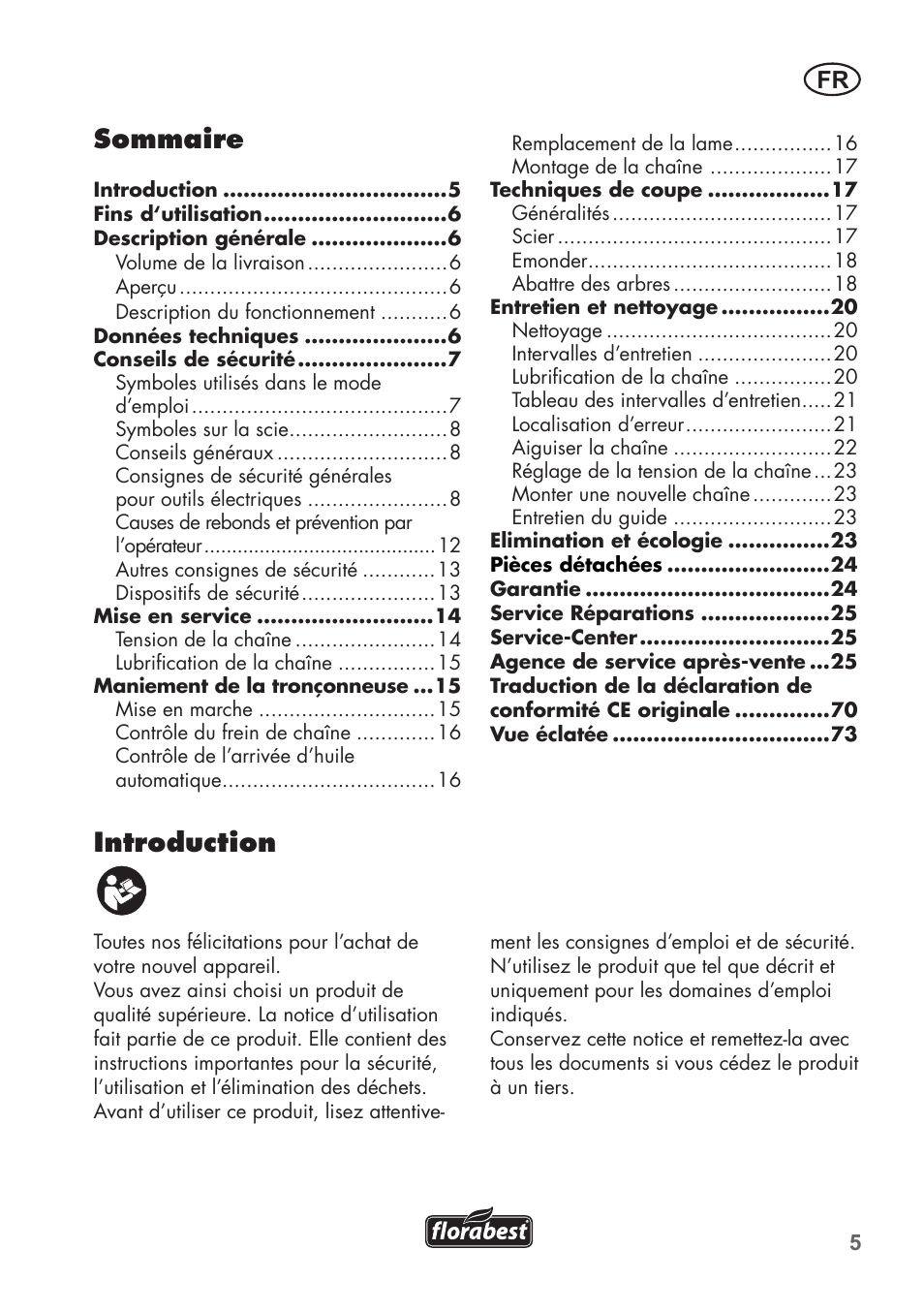 Introduction, Sommaire | Florabest FKS 2200 B1 User Manual | Page 5 / 76