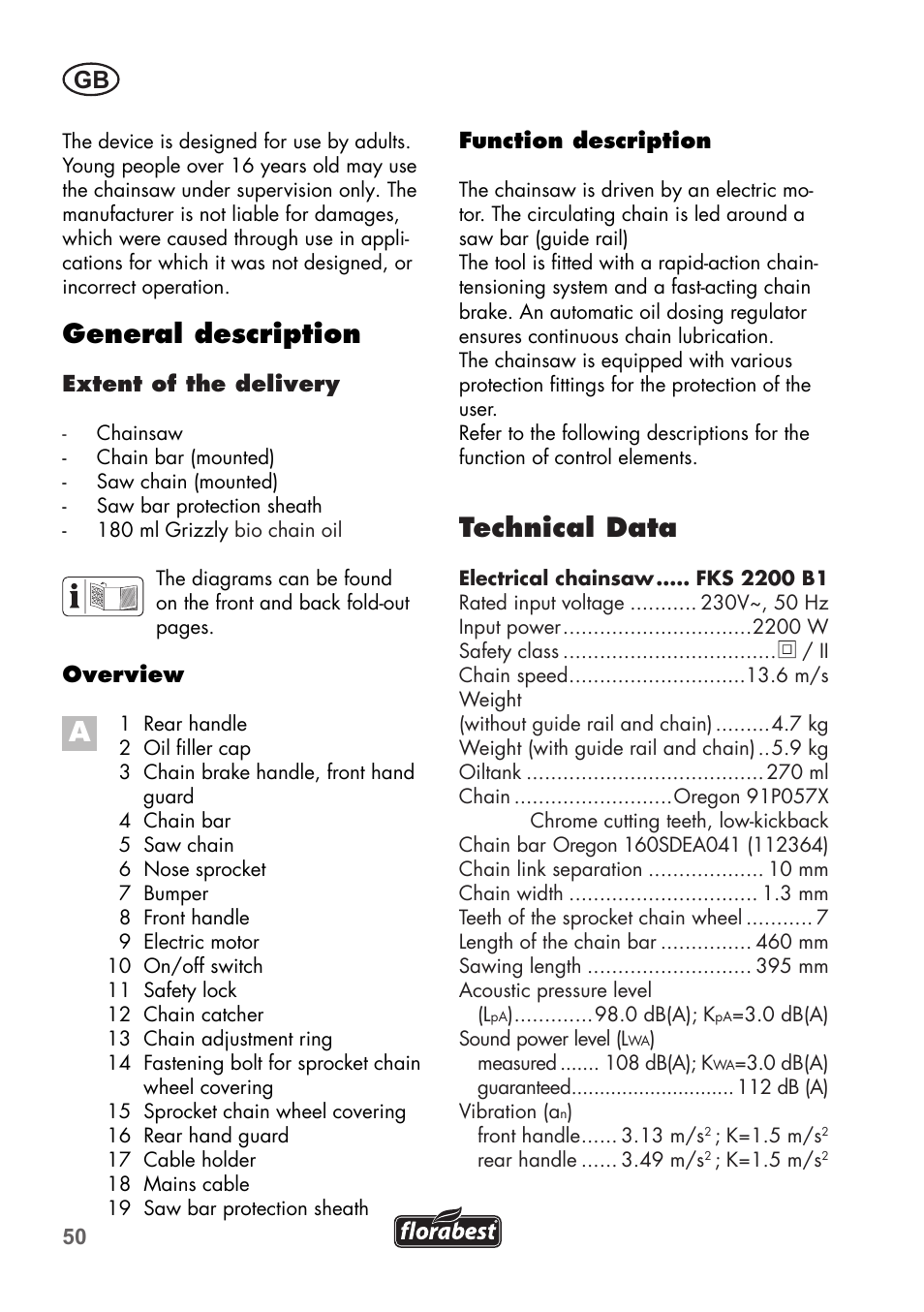 General description, Technical data | Florabest FKS 2200 B1 User Manual | Page 50 / 76